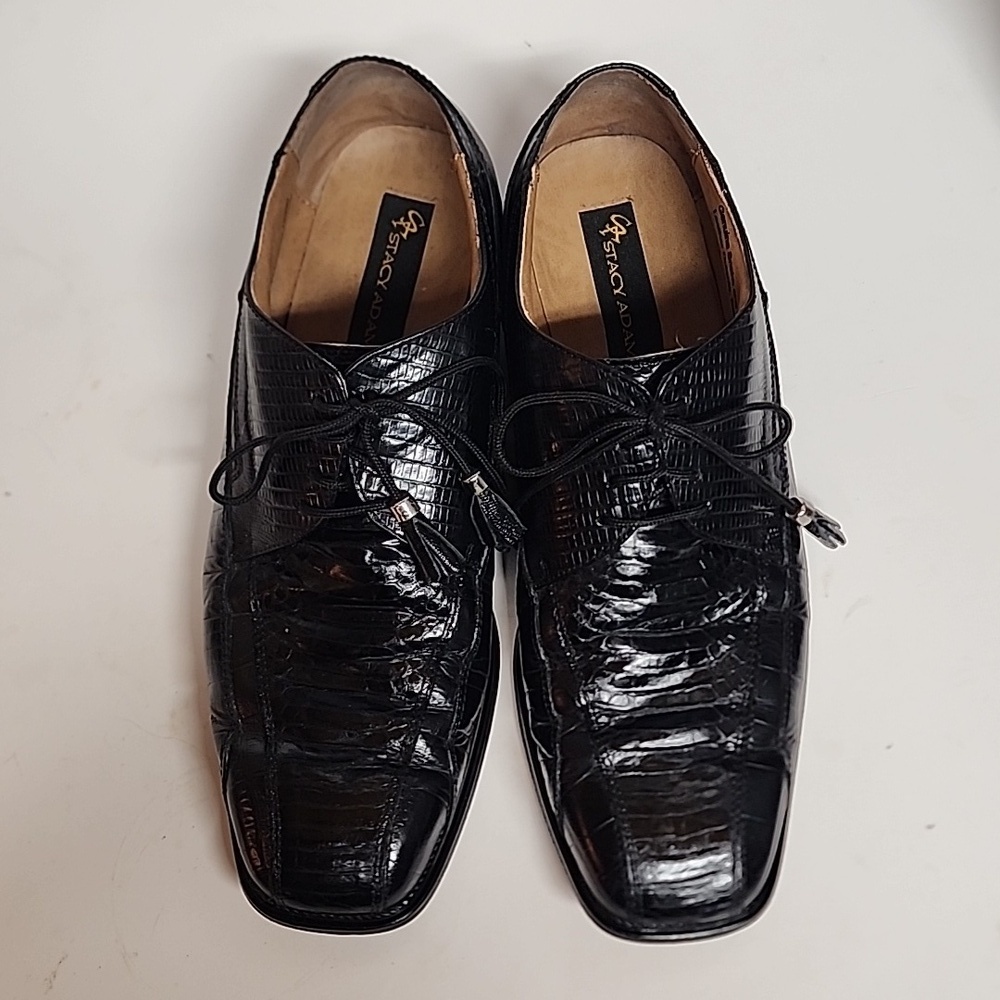 Stacy Adams genuine snake & leather sz 10.5W lace up classy black dress shoes.